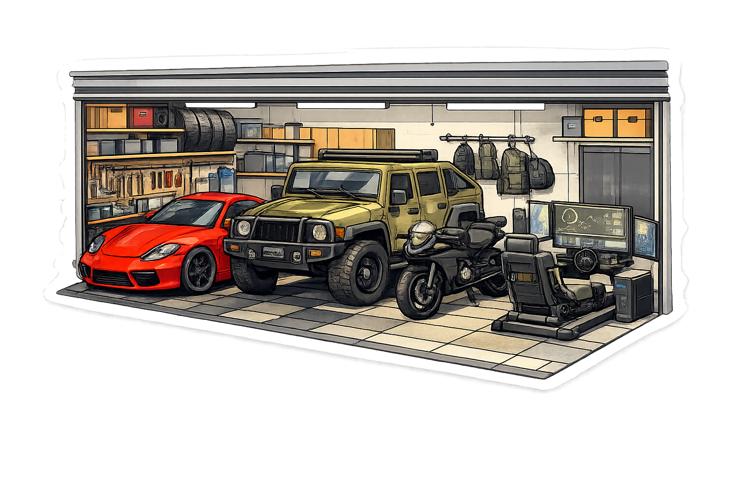 Driving simulation garage with vehicles and training equipment